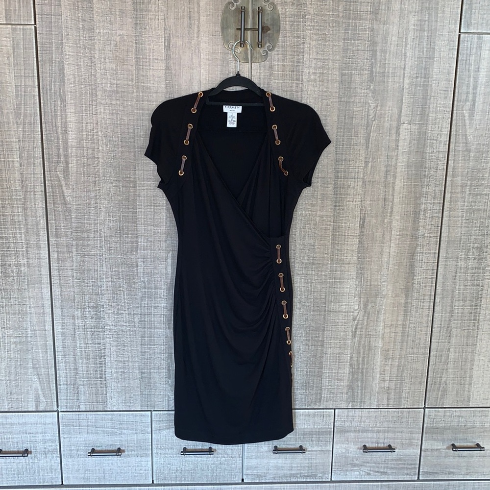 Carmen Marc Valvo Black Dress Faux Leather Lace‎ Up